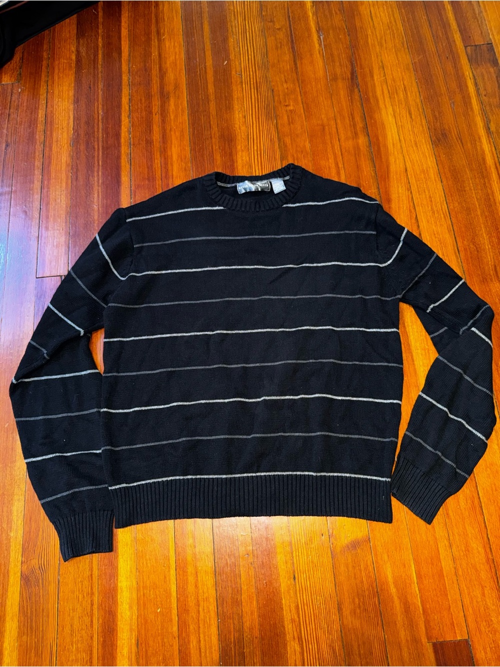 Men's Black Oscar De La Renta Crewneck Sweater with Gray Stripes